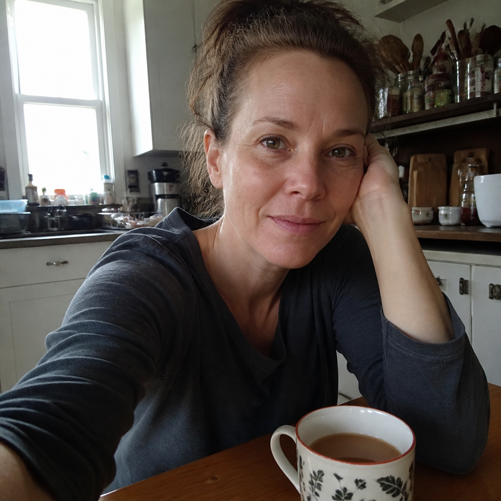 Clear-headed woman at kitchen table