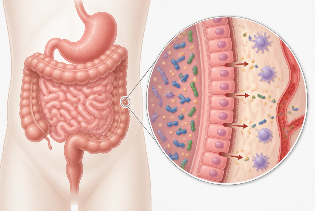 Illustration of the gut with a zoom-in on bacteria leaking through the gut wall