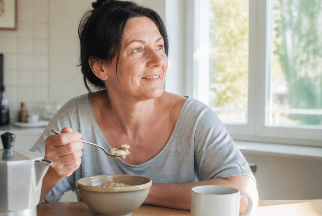 A relaxed woman eating breakfast calmly in morning light