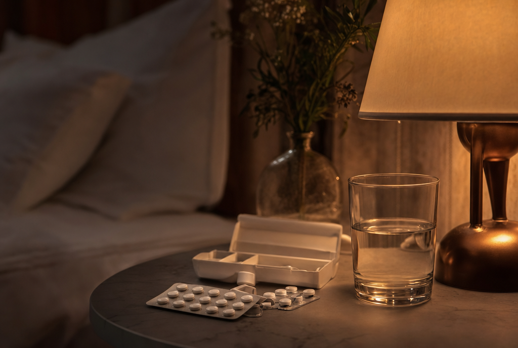 Bedside table at night with tablets and a glass of water