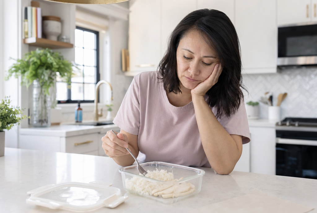 Woman looking at a plain restrictive meal