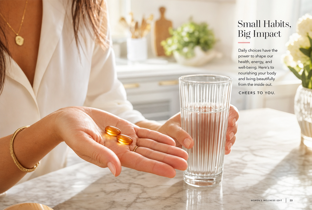 Softgel capsules in a hand with a glass of water